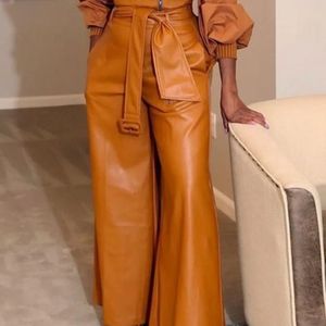 Orange faux leather plus size palazzo pants